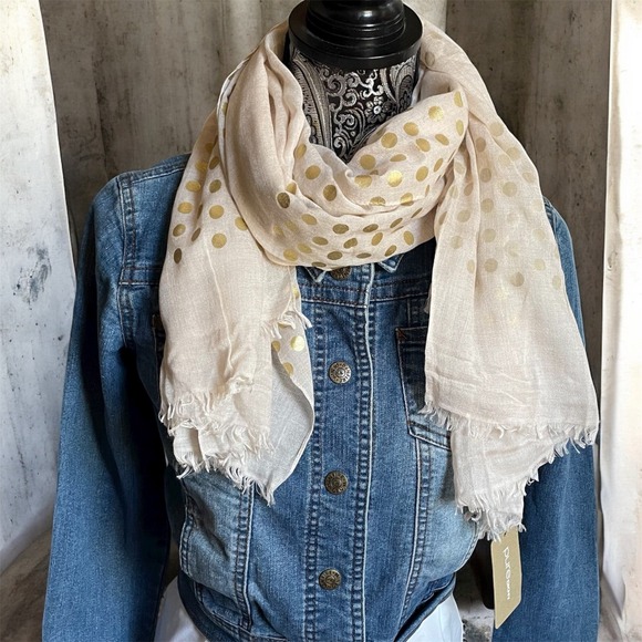 Pure DKNY Gold Polka Dot Scarf Wrap Sheer Lightweight‎ Fringe Tan NEW - Picture 5 of 11
